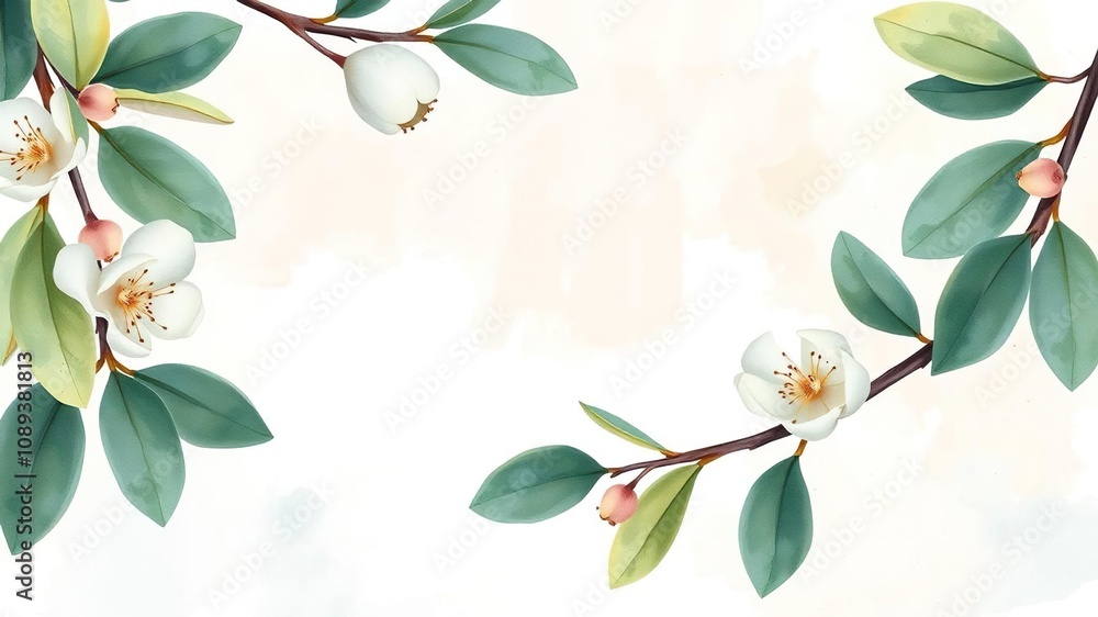 Obraz premium Eucalyptus branch accentuating a beautiful watercolor frame with soft brushstrokes and pastel colors, flower pot background, watercolor artwork, watercolor painting