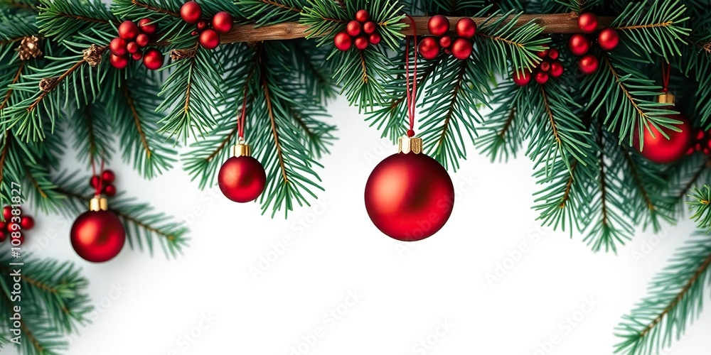 Fototapeta premium Evergreen Christmas background with pine leaves and red ornaments hanging from a wooden branch, evergreen, festive decorations
