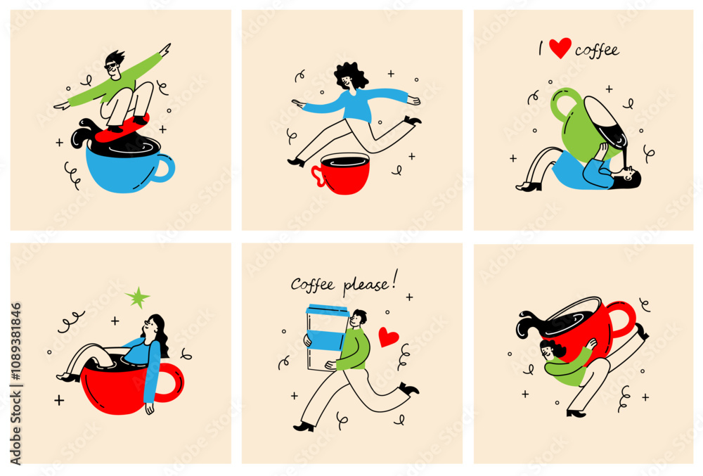 Obraz premium People enjoying coffee. Woman holding takeaway mugs, paper cups. Characters drinking hot morning beverages, americano, cappuccino to go, in trendy retro style.