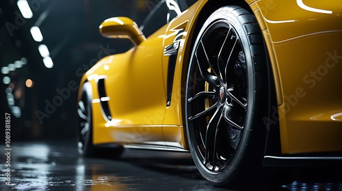 A close-up view of a sleek yellow sports car showcasing its stylish wheels and design in a dimly lit environment.