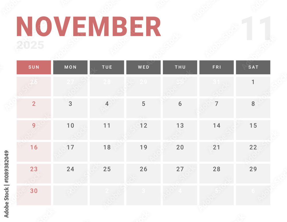 Monthly page Calendar Planner Template of November 2025. Vector layout of calendar with week start Monday for Scheduling. Page for size A4 or 21x29.7 cm Monthly page Calendar Planner Template of November 2025. Vector layout of calendar with week start Monday for Scheduling. Page for size A4 or 21x29.7 cm