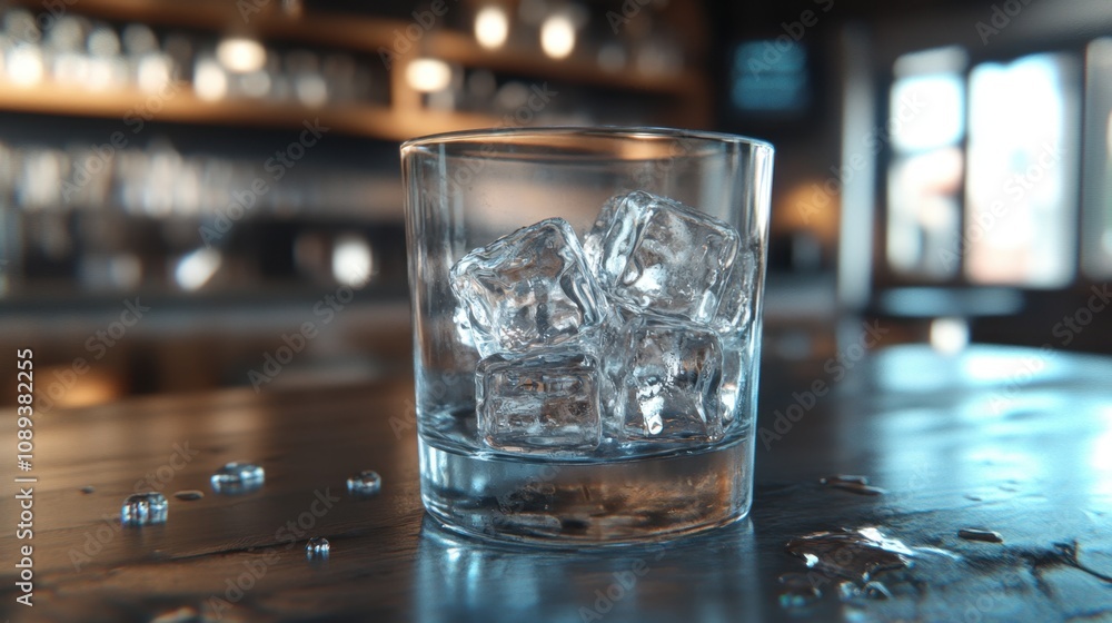 Close-Up of a Transparent Glass with Ice Cubes on a Wooden Table in a Cozy Bar Setting, Highlighting Refreshing Drink Options and Relaxed Atmosphere Close-Up of a Transparent Glass with Ice Cubes on a Wooden Table in a Cozy Bar Setting, Highlighting Refreshing Drink Options and Relaxed Atmosphere