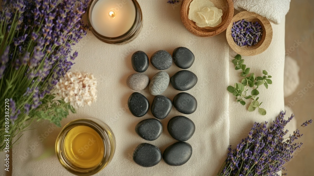 Relaxing spa stones and aromatherapy essentials for a calming experience. Relaxing spa stones and aromatherapy essentials for a calming experience.