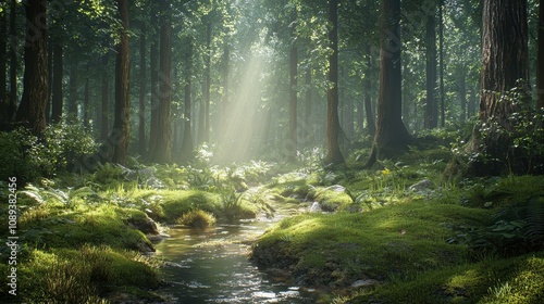 A tranquil forest glade with sunlight filtering softly through the tall trees, illuminating the moss-covered floor. A gentle stream winds its way through the scene, creating a calming atmosphere. 