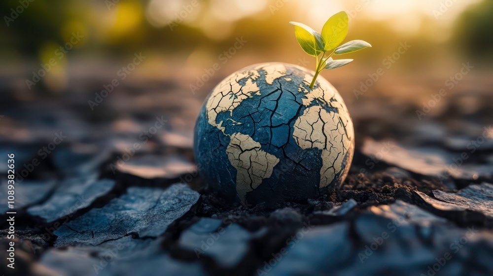 A cracked globe with a small sprout emerging from the top sits on dry, cracked earth with warm sunlight in the background.