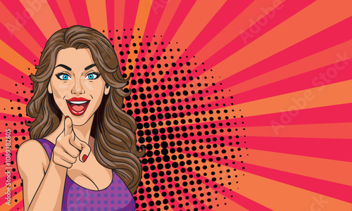 Young woman in pop art style smiles and points her finger at you. On a colored background. Pop art vector comic style