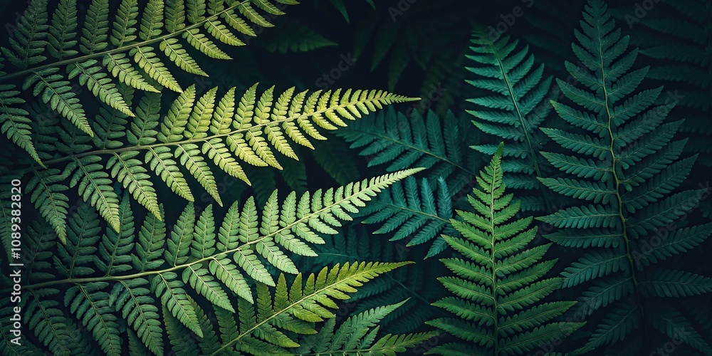 Fern leaves in various shades of green create a beautiful and unique pattern on a dark background, ferns, , natural design, leaf patterns, botanical illustrations Fern leaves in various shades of green create a beautiful and unique pattern on a dark background, ferns, , natural design, leaf patterns, botanical illustrations