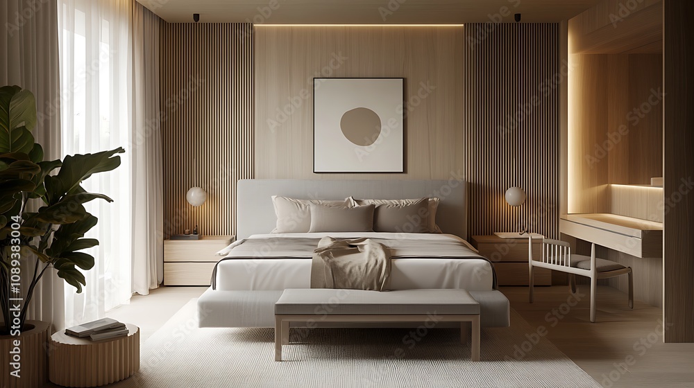 Elegant and Cozy Modern Bedroom Interior Design with Stylish Decor, mockup, poster and Background Elegant and Cozy Modern Bedroom Interior Design with Stylish Decor, mockup, poster and Background