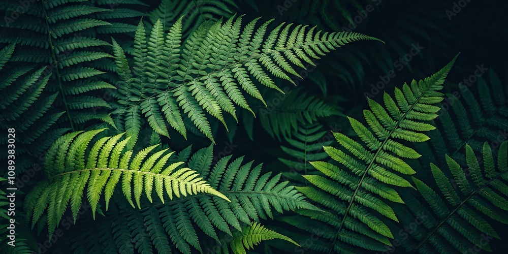 Fern leaves in various shades of green create a beautiful and unique pattern on a dark background, leaf patterns, organic shapes Fern leaves in various shades of green create a beautiful and unique pattern on a dark background, leaf patterns, organic shapes