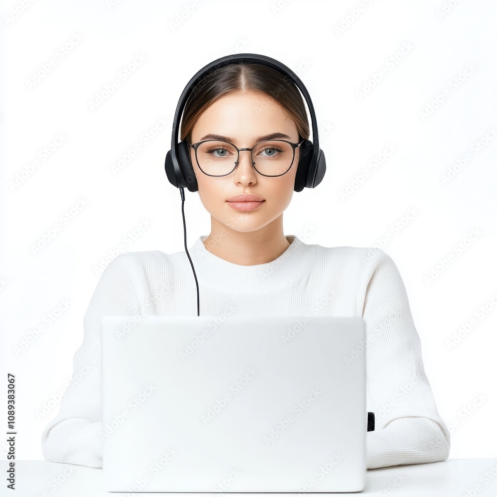 Woman wearing a headset and working on a computer screen warm lighting emphasizes professionalism and customer communication Woman wearing a headset and working on a computer screen warm lighting emphasizes professionalism and customer communication
