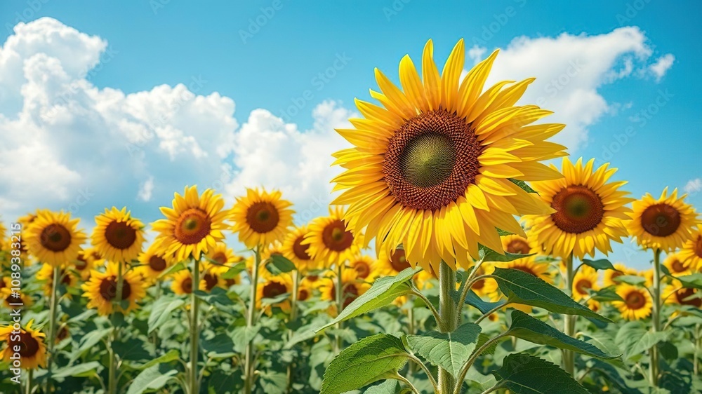 Field of tall sunflowers with a blue sky and fluffy white clouds, nature, outdoor, weather Field of tall sunflowers with a blue sky and fluffy white clouds, nature, outdoor, weather