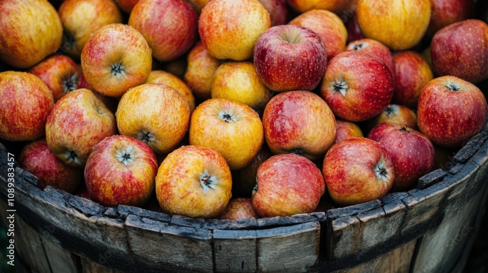 Harvest of Fresh Apples in Rustic Wooden Barrel Harvest of Fresh Apples in Rustic Wooden Barrel