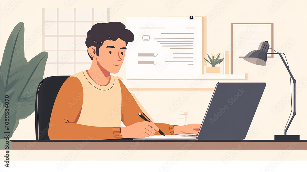 A young man is signing an important contract during a video call with his business partner. A young man is signing an important contract during a video call with his business partner.