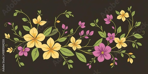 Floral motif with intertwining stems and leaves forms a continuous, organic design featuring shades of green, yellow, pink, and purple hues, floral designs, colorful flowers