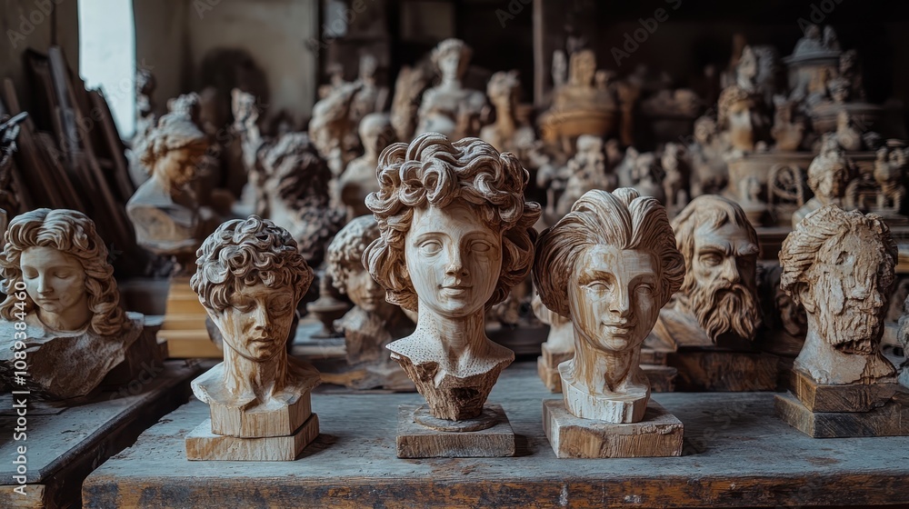 Fototapeta premium A collection of intricate sculpted heads displayed on a table, showcasing various artistic styles and details in a creative workspace.