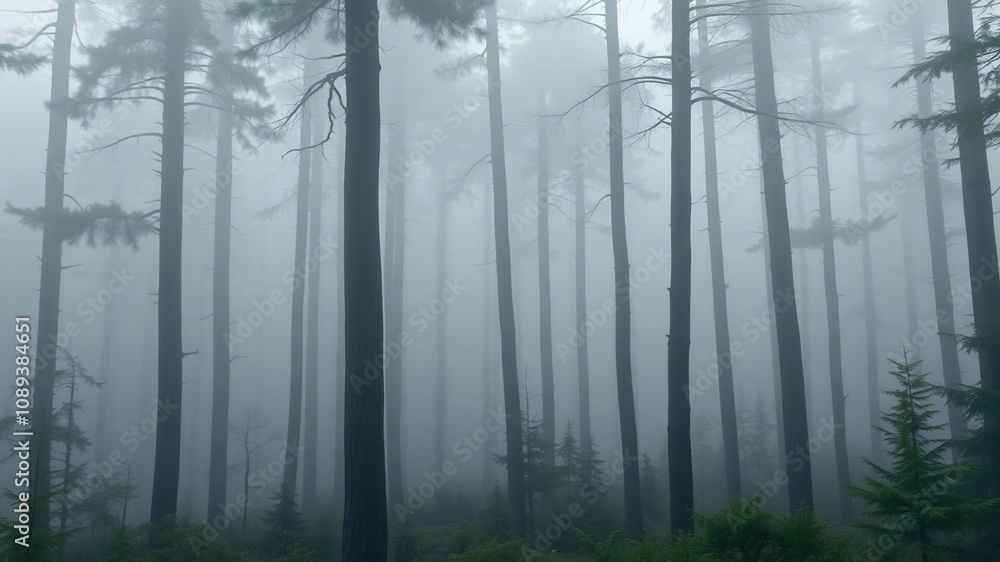 Naklejka premium Foggy forest scene with misty atmosphere and old-growth fir trees, rustic charm, tree silhouettes, misty landscape