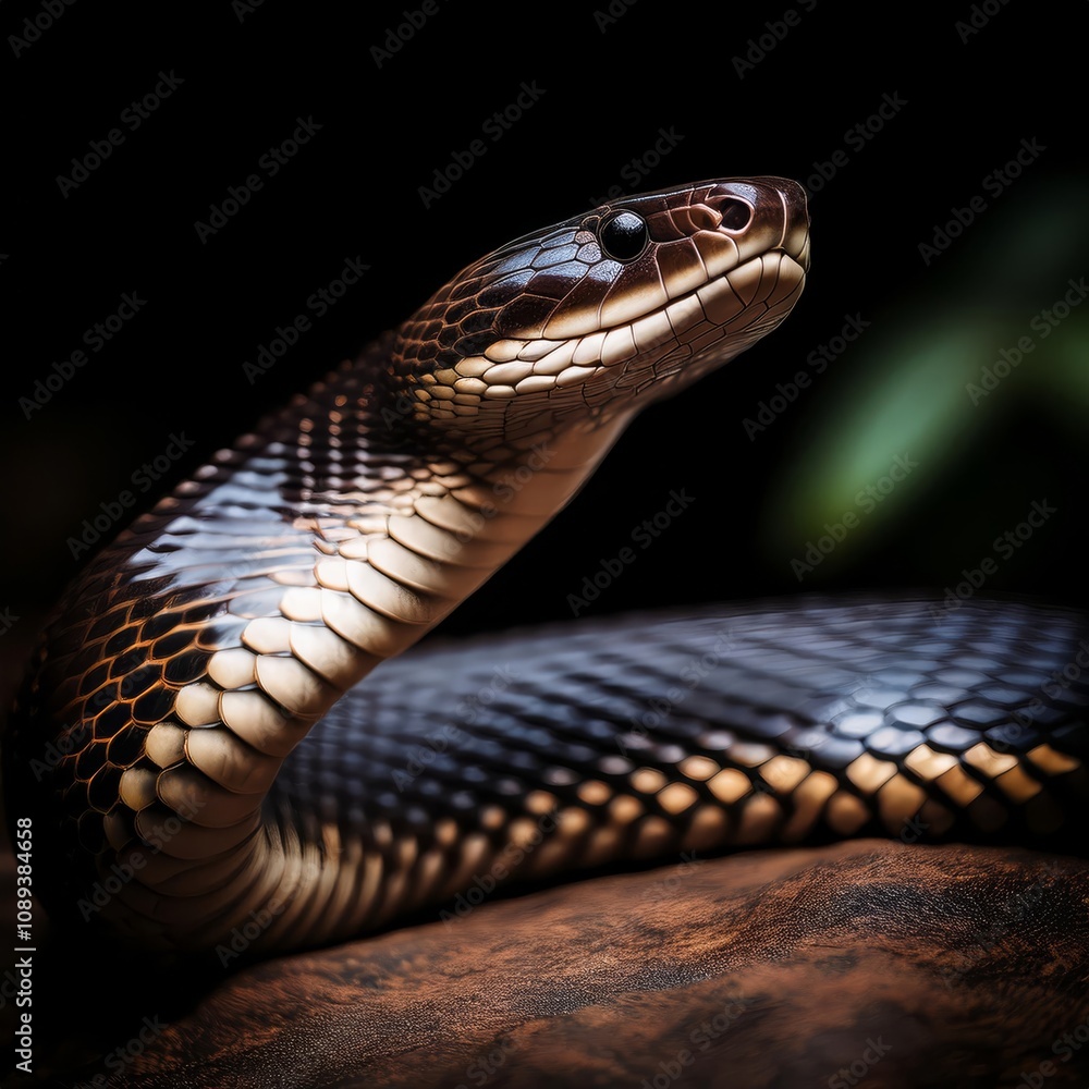 Fototapeta premium This image captures a detailed closeup of a snake lying on a large, textured rock surface in its natural habitat