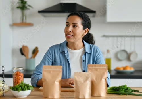 Woman presenting doypacks for food, promoting sustainable packaging in her kitchen photo