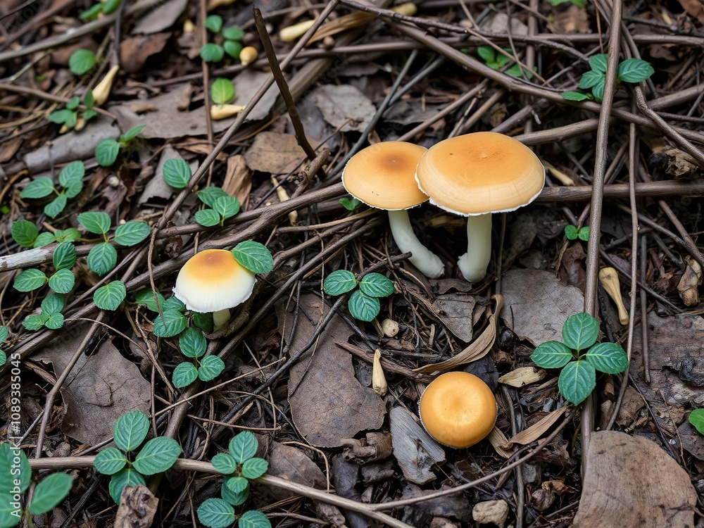 Forest floor with mushrooms and twigs, twigs, black background, earthy scent Forest floor with mushrooms and twigs, twigs, black background, earthy scent