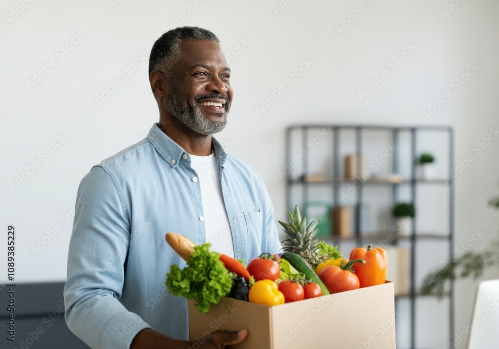 Cheerful mature man holds a cardboard box filled with groceries, enjoying healthy eating habits Cheerful mature man holds a cardboard box filled with groceries, enjoying healthy eating habits
