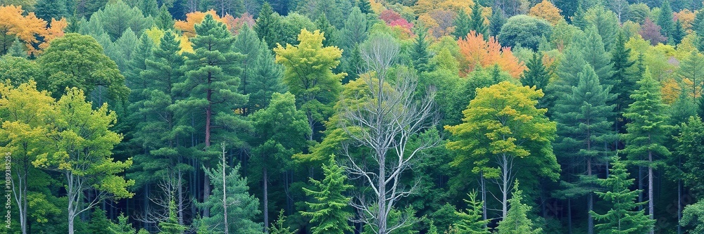 Fototapeta premium Forest landscape with multiple tree species and varied foliage, undergrowth, forest, nature