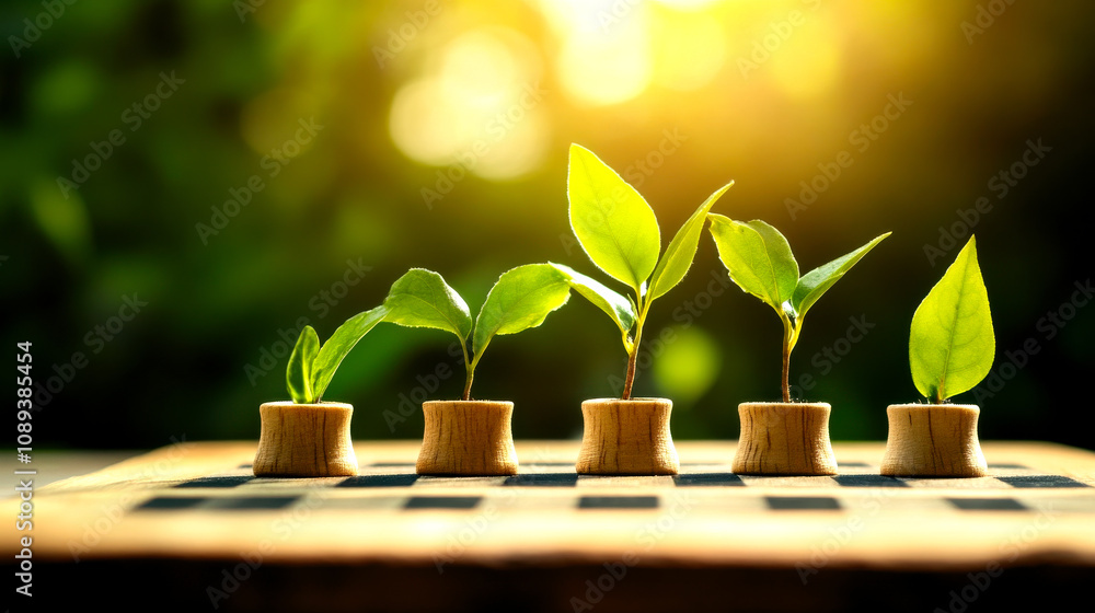 A bright scene featuring young green plants growing in small pots, symbolizing growth and sustainability against a softly blurred natural background.