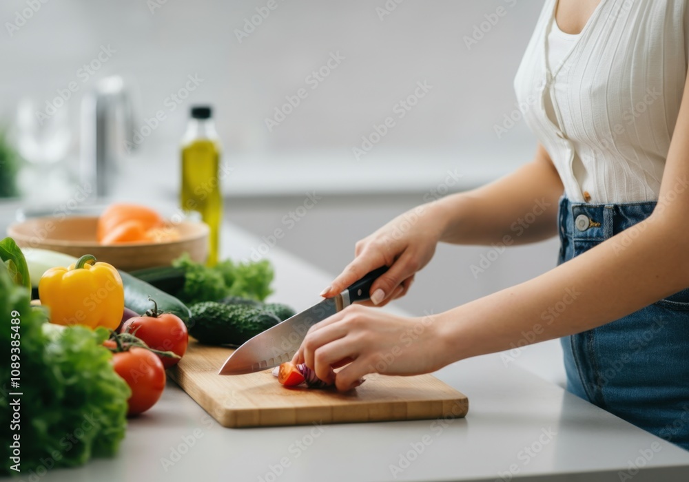 Woman slicing fresh vegetables for healthy salad or meal prep, promoting healthy eating and home cooking Woman slicing fresh vegetables for healthy salad or meal prep, promoting healthy eating and home cooking