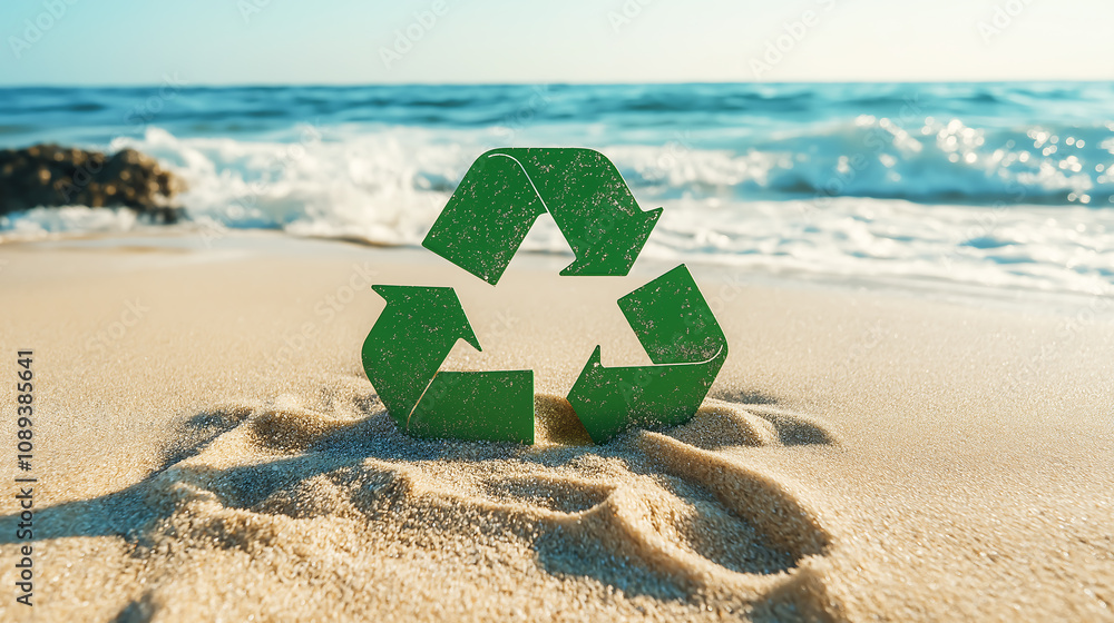 A green recycling icon on the beautiful beach in sunny day. Eco friendly concept A green recycling icon on the beautiful beach in sunny day. Eco friendly concept
