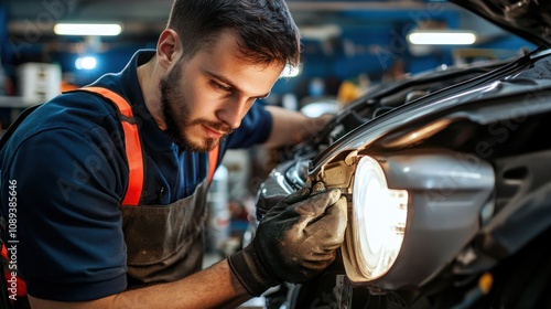 A mechanic carefully works on a car's headlight in a workshop.