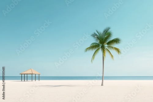 serene beach scene with a palm tree and a gazebo under a clear blue sky