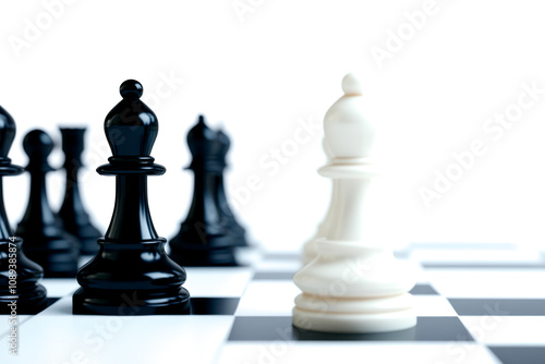 A close-up of a chess game featuring a white king facing off against black pieces on a classic checkered board. photo