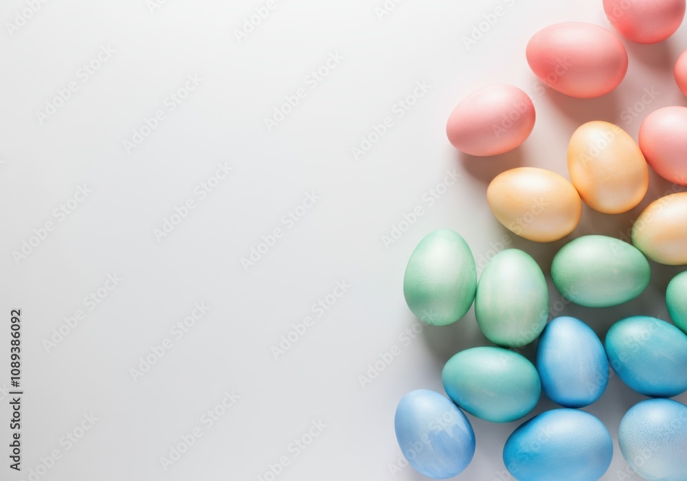 Many pastel-colored easter eggs are arranged on the right side of a solid white background, creating a vibrant and festive scene Many pastel-colored easter eggs are arranged on the right side of a solid white background, creating a vibrant and festive scene