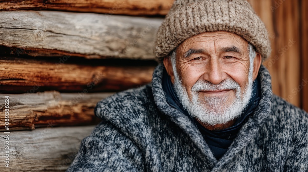 An elderly Azerbaijani man with a warm smile relaxes in front of a rustic village house An elderly Azerbaijani man with a warm smile relaxes in front of a rustic village house