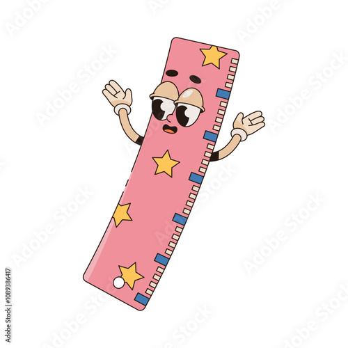 Funny vector school ruler with face. Geometric tool character in pop art style. Measure instrument icon with facial expression. Comic length measuring personage. Clipart or sticker, education print.