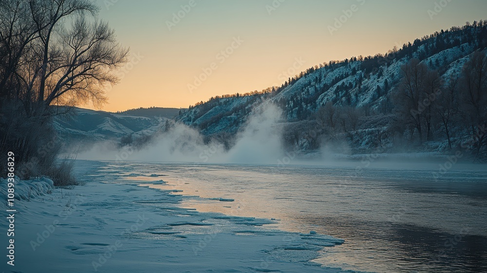 A serene winter landscape featuring a river, surrounded by snow-covered banks and mist rising from the water under a pastel-colored sky at dawn. A serene winter landscape featuring a river, surrounded by snow-covered banks and mist rising from the water under a pastel-colored sky at dawn.