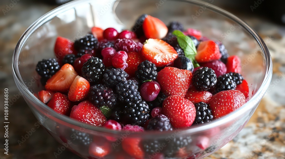 A glass bowl filled with fresh berries, including strawberries, raspberries, blackberries, and cranberries. A glass bowl filled with fresh berries, including strawberries, raspberries, blackberries, and cranberries.
