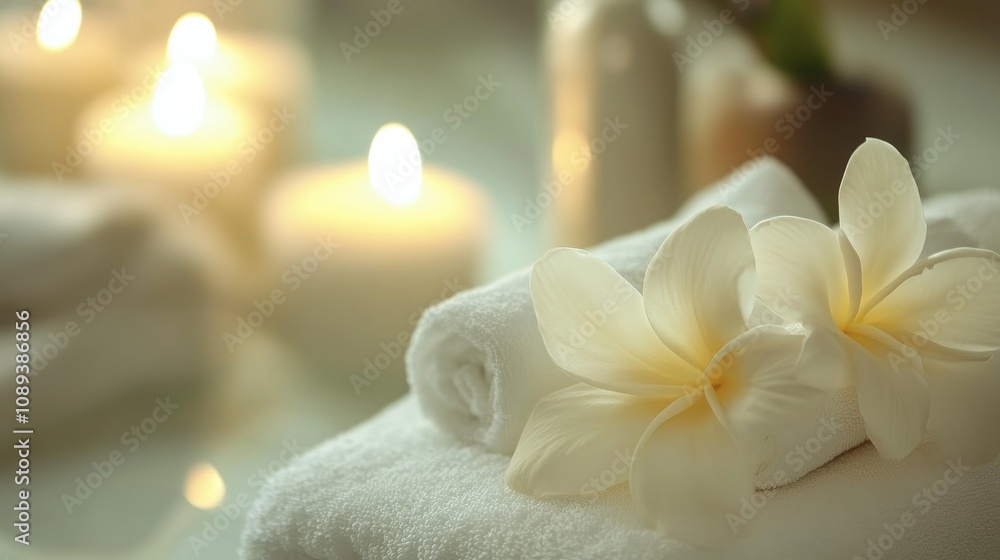 Aromatherapy gel in a sleek white bottle displayed with soft towels and delicate flowers near glowing candles, creating a serene spa ambiance. Aromatherapy gel in a sleek white bottle displayed with soft towels and delicate flowers near glowing candles, creating a serene spa ambiance.
