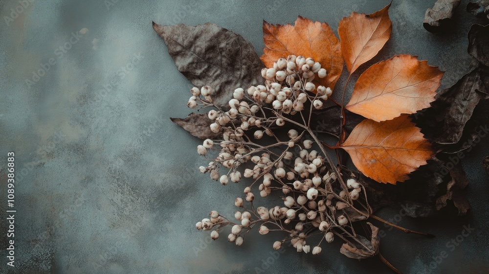 Autumnal display featuring dried leaves, white blooms, and mountain ash berries against a textured soft background, conveying celebration and abundance. Autumnal display featuring dried leaves, white blooms, and mountain ash berries against a textured soft background, conveying celebration and abundance.