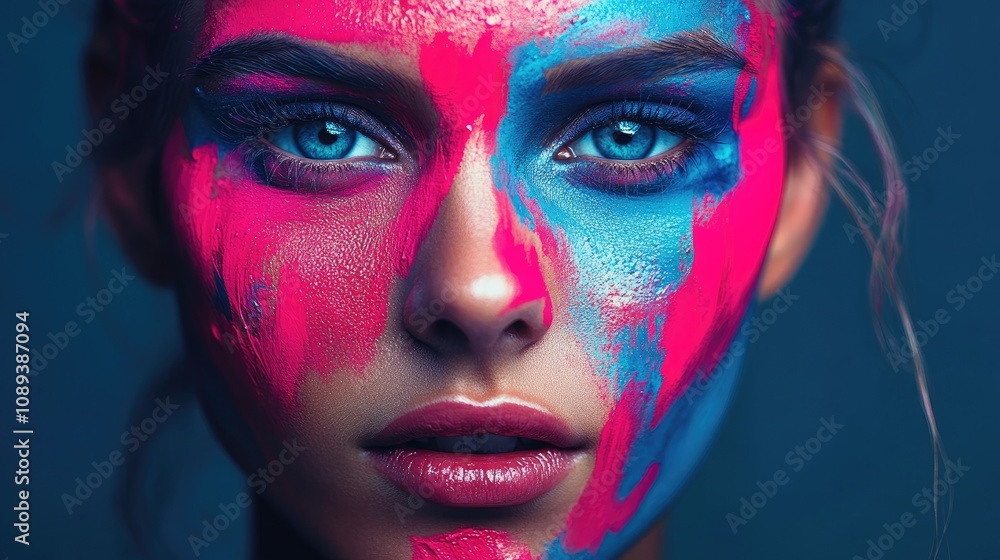 Vibrant abstract portrait of a woman with striking pink and blue face paint, highlighting expressive eyes and dynamic brushwork full of emotion. Vibrant abstract portrait of a woman with striking pink and blue face paint, highlighting expressive eyes and dynamic brushwork full of emotion.