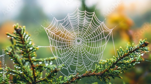 Delicate spider web glistening with water droplets, intricately woven and suspended between lush green branches, capturing the morning dew. photo