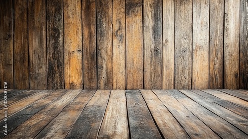 Wooden wall backdrop and floor combination featuring rich textures and warm hues, perfect for text overlay and photography use.