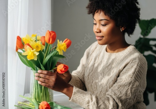 Florist carefully placing orange tulips and yellow daffodils in a glass vase, creating a vibrant arrangement