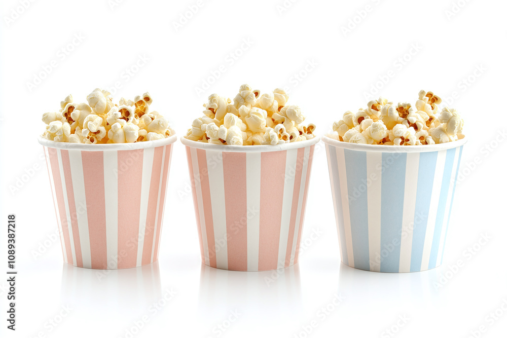 Set of three pop corn in striped paper cup isolated on white background. Set of three pop corn in striped paper cup isolated on white background.