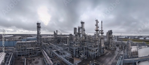 Panorama of Industrial Refinery Complex Under a Cloudy Sky