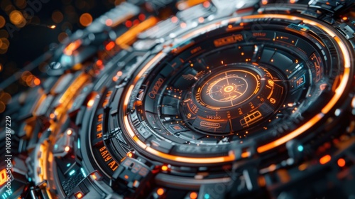 Wallpaper Mural Close-up of a futuristic, intricate, circular technological device with glowing orange accents. Torontodigital.ca