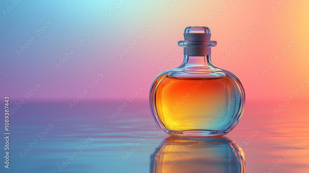 Elegant glass perfume bottle filled with colorful liquid, reflecting in calm water Elegant glass perfume bottle filled with colorful liquid, reflecting in calm water