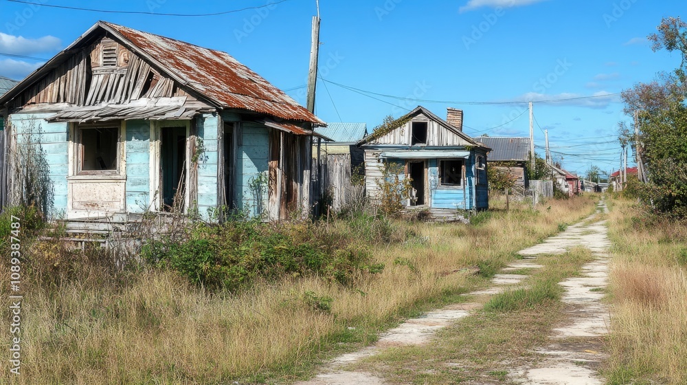 Deteriorating structures in an abandoned community surrounded by overgrown grass and a gravel pathway under a clear blue sky. Deteriorating structures in an abandoned community surrounded by overgrown grass and a gravel pathway under a clear blue sky.