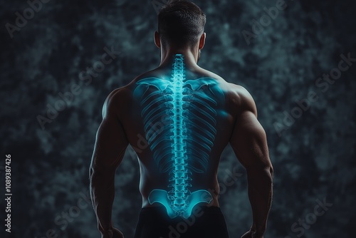 Luminescent Spine Overlay on Muscular Back for Anatomy Illustration and Health Education