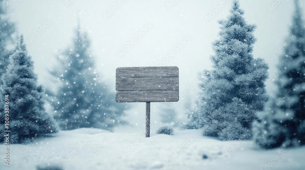 Fototapeta premium Wooden winter greeting sign in a snowy landscape with snow-covered trees and soft snow flurries creating a tranquil scene.