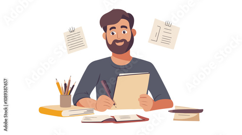 Professional making notes on moving banner with pensive expression